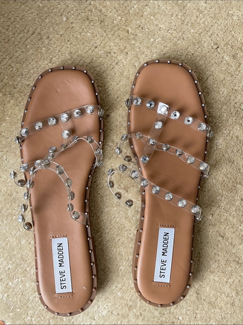 Steve Madden Clear Jeweled Strappy Sandals - Tan